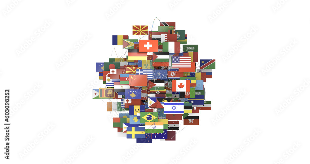 Poster connection lines around map with all country flags, futuristic technology