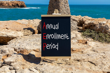 AEP symbol. Concept words AEP Annual enrollment period on beautifulblack chalk blackboard....