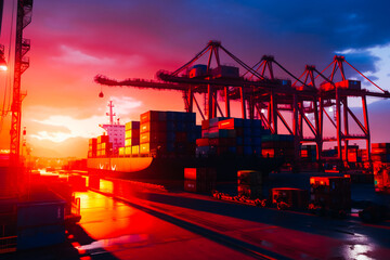 Industrial ports with containers at sunset