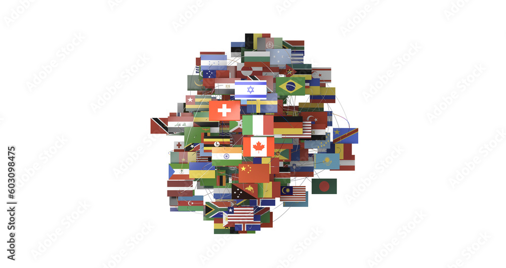 Poster connection lines around map with all country flags, futuristic technology