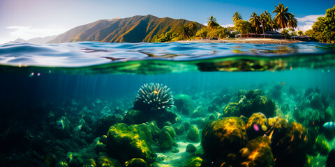 Fototapeta na wymiar Under the deep ocean, glassy translucency, bright colors in nature