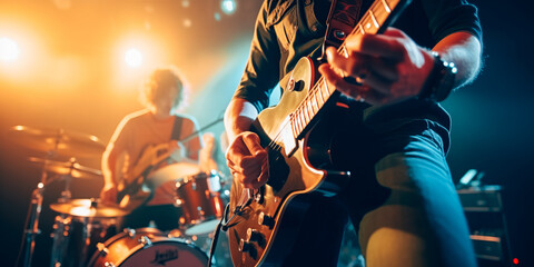 A rock band is performing on stage. Guitarist, bass guitar and drums. The guitarist is in the foreground. Close up - obrazy, fototapety, plakaty