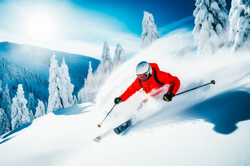A skier in motion while descending a snowy mountain