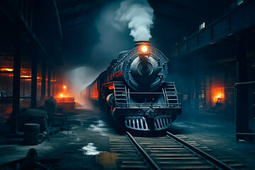A steam locomotive passes through the dark part of the warehouse