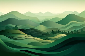 Abstract green nature landscape with mountains and hills background minimalistic illustration. Generative AI