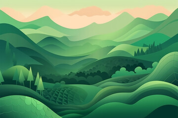 Obraz premium Abstract green nature landscape with mountains and hills background minimalistic illustration. Generative AI