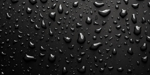 Water drops on a black leather surface. Close up water drops on black background. Abstract black wet texture with bubbles on plastic PVC surface or grunge. Realistic pure water droplets condensed.