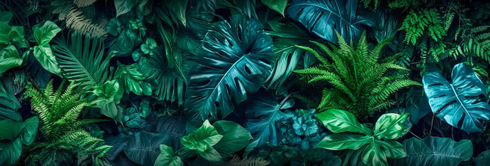 Naklejka na ściany i meble Green leaves background. Green tropical monstera leaves, palm leaves, coconut leaf, fern, palm leaf, banana leaf. Panoramic background. nature concept