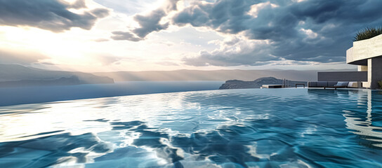 Infinity pool. Pool Terrace and Mountain View. infinity pool above the Mountains in the morning in front of beautiful nature views