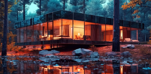 Modern luxury villa exterior in minimal style. Glass cottage in the woods at night. Modern cabin house in deep forest.
