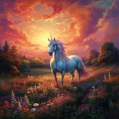 Captivating Colorful Sunset Over Meadow with Staggering White Unicorn Generative AI