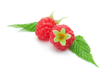 Two raspberries with green leaves on white background