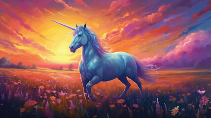 Obraz na płótnie Canvas Captivating Colorful Sunset Over Meadow with Staggering White Unicorn Generative AI