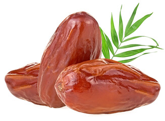 Tasty dried dates with green leaves isolated on a white background. Dried date palm fruits.