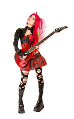 Gothic girl with guitar, isolated on white background