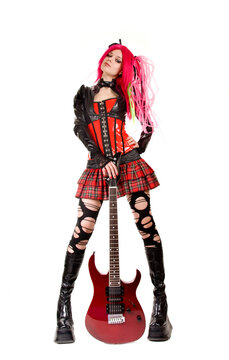 Gothic girl with electro guitar, isolated on white background
