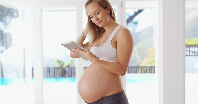 Fitness, tablet and research on health with pregnant woman for training, workout and wellness. Exercise, technology and internet with portrait of mother in studio for pregnancy, sports and focus