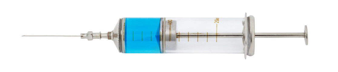 Old glass syringe with blue liquid medicine, isolated on transparent background .