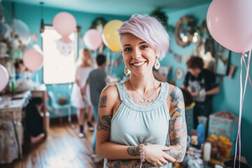Young woman with tattoos and vibrant pink hair posing with colorful balloons. Generative AI.
