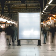 Blurry people pass empty billboard in train station. (Generative AI)