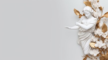 Background featuring a white statue of angel with golden flowers. Generative AI. 