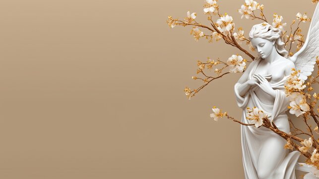 Background featuring a white statue of angel with golden flowers. Generative AI. 