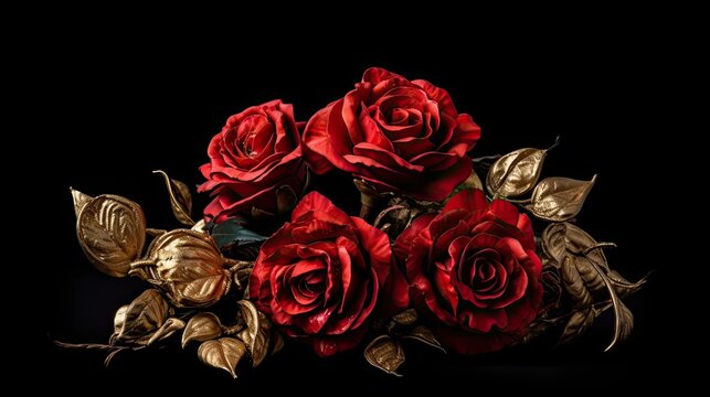 A luxurious bouquet of red roses, accented with gold leaf details, placed against a dark background, creating a dramatic and elegant composition with negative space for text. Generative AI. 