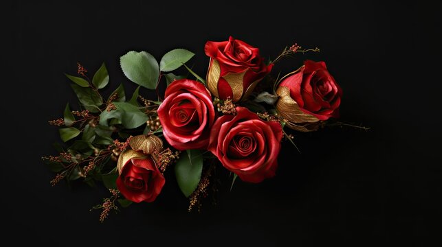 A luxurious bouquet of red roses, accented with gold leaf details, placed against a dark background, creating a dramatic and elegant composition with negative space for text. Generative AI. 