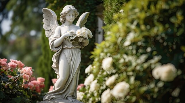 A pristine white marble angel statue standing tall and majestic amidst a serene garden, surrounded by lush greenery and vibrant flowers, with negative space for branding or text. Generative AI. 