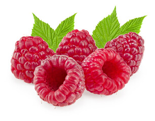 ripe raspberries with green leaf isolated on white background macro. clipping path