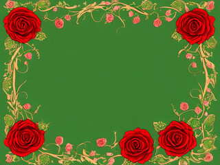 green background, frame with red and pink roses created with generative AI technology