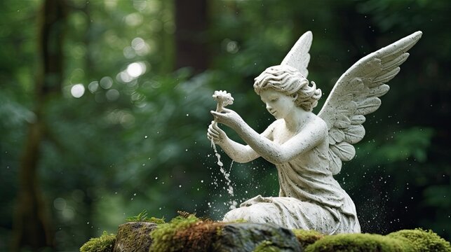 A white stone angel sculpture with a serene expression, releasing a cascading waterfall of sparkling water from its hands, set against a lush green forest backdrop. Generative AI. 