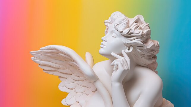 A white plaster angel sculpture blowing gentle kisses into the wind, set against a vibrant rainbow backdrop, with negative copy space. Generative AI. 