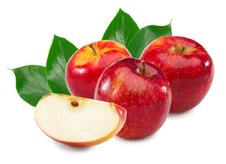 three red apples with green leaves isolated on white background. clipping path.