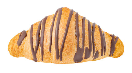 Croissant with chocolate stripes, isolated on transparent background .