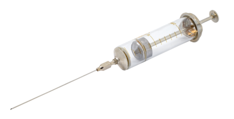 Syringe old glass with long needle, isolated on transparent background .