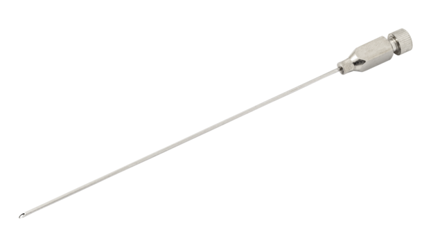 Injection needle old metal long catheter, isolated on transparent background .