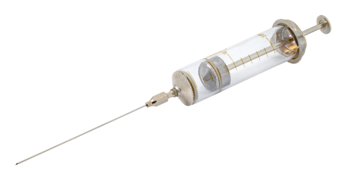 Syringe old glass with long needle, isolated on transparent background .