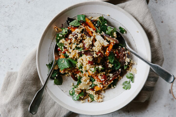 Roasted vegetable and millet salad, with herbs.