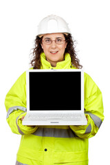 Female construction worker showing a laptop, over a white background