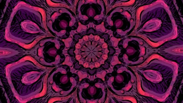 Psychedelic dance of a flower of a kaleidoscope. Motion. Changing spinning fractal shapes.