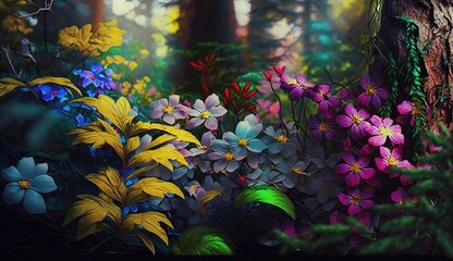 Background from forest fresh beautiful different kind of colored flowers. AI generated.