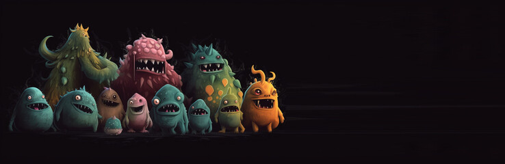 Various sizes, colors scary terrible toy monsters in a row, black background isolate. AI generated.