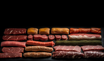 Set of different types of raw meat. Top view on the table. Black background. AI generated.