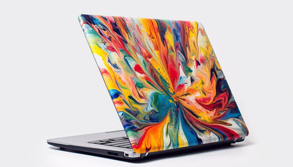 Abstract laptop painting with vibrant multi colored ink generated by AI