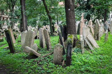 Tombstones in an Old Jewish Cemetery in Josefov district in Prague, capital of the Czech Republic.