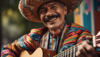 Obraz premium Smiling musician playing guitar, enjoying outdoor leisure generated by AI