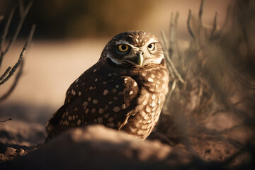 A burrowing owl in the desert. Generative AI
