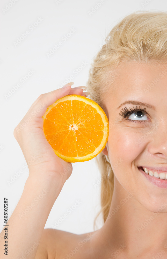 Poster face of model with orange slice on isolated background