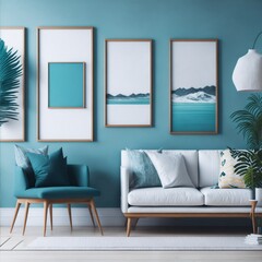 Frame mockup in living room interior background, Coastal boho style, bright environment